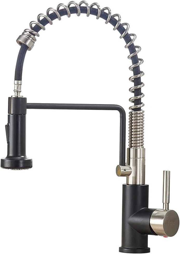 Friho Lead-Free Commercial Brushed Nickel & Matte Black Stainless Steel Single Handle Single Lever Pull Out Spring Bar Sink Kitchen Faucet, Kitchen Sink Faucet