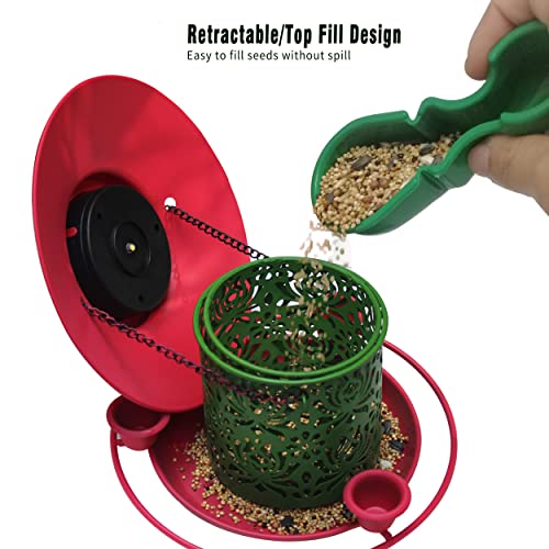 Solar Bird Feeders for Outdoors Hanging Garden Light,Metal Tube Feeders for Wild Birds Cardinals Feeding Station Retractable,3 Water Cups,Big Roof