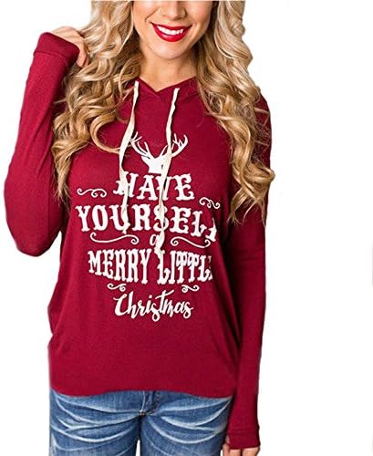 Lanyan Womens Ladies Christmas Deer Hoodie Sweatshirt Jumper Sweater Hooded Printed Pullover Tops S-XL