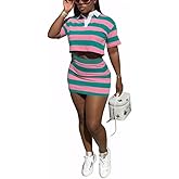 HBQ Women's Casual 2 Piece Skirt Sets Polo Collar Crop Top Striped Mini Dress Summer Vacation-Stripe