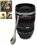 Camera Lens Coffee Mug Stainless Steel Premium - Travel Coffee Mug Insulated Thermos Cup with Black Easy Clean Lid and BONUS Free Spoon + FREE Coffee E-Book by SunrYz