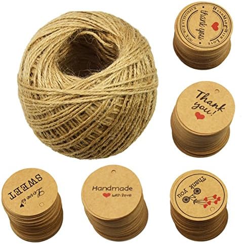 Thank You Tags, Valentine's Day Tags, Handmade with Love Tags, Kraft Paper Gift Tags, 500 PCS Round DIY Crafts Tags with 100 Meters Jute Twine for Gift Wrap, DIY&Craft, Wedding Party Favor and Birthday Party
