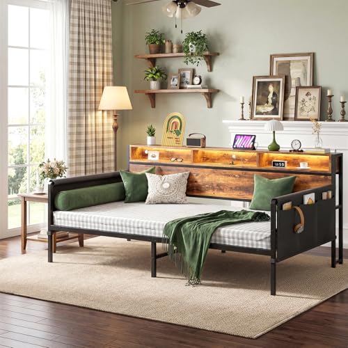 112*195*105CM Grande Sofa, Sofá Cama, Sofá Cama Individual con Respaldo con Almacenaje, luz LED y Toma de Corriente, Sofá Para Sala Apto Para Colchón de 100*190 (Sin Colchón)（Color Retro）