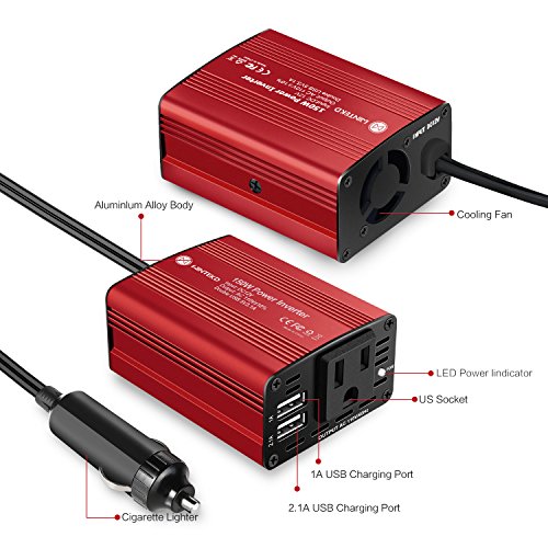 WINTEKD 150W Car Power Inverter DC 12V to 110V AC Converter with 3.1A Dual USB Charger Adapter (Red)