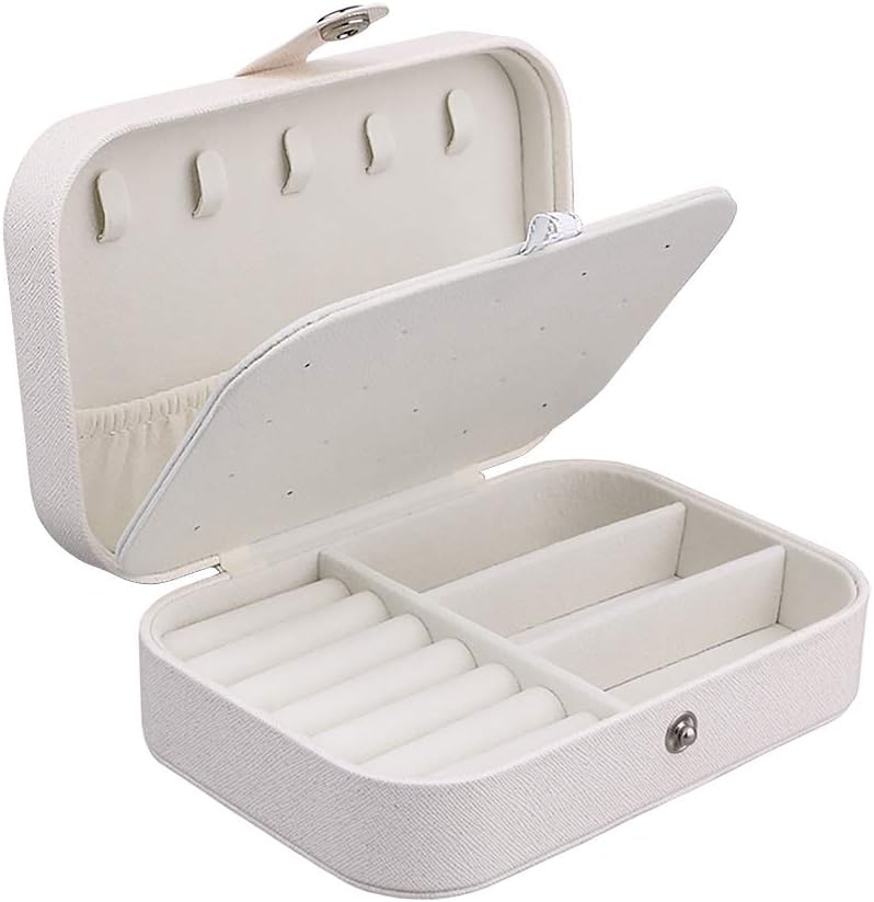 Sdootjewelry Travel Jewelry Box, PU Leather Portable Jewelry Storage Case Small Jewelry Box Organizer for Earrings Rings Necklaces, Beige White