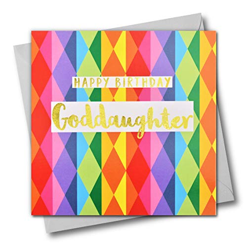 Claire Giles Greeting Cards, Happy Birthday Goddaughter Card, Colourful Diamonds Design Birthday Greeting Card, Text Foiled in Shiny Gold