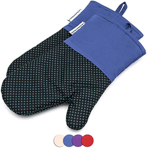 Silicone Oven Mitts 464 F Heat Resistant Potholders Dot Pattern Cooking Gloves Non-Slip Grip for Kitchen Oven BBQ Grill Cooking Baking 7x13 inch 1 pair (Blue) by LA Sweet Home