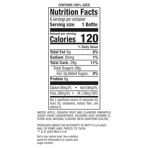 MOTT’S 100% PINEAPPLE PASSION FRUIT JUICE BLEND, 8 FL OZ BOTTLES, 24 COUNT (4 PACKS OF 6)