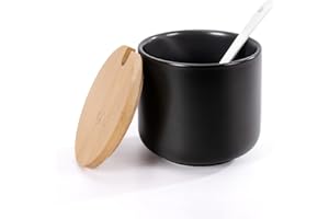 JMGO Ceramic Sugar Bowl with Spoon and Wooden Lid, Black Salt Storage Jar 8.4oz/250ml Seasoning Container Dispenser for Coffe