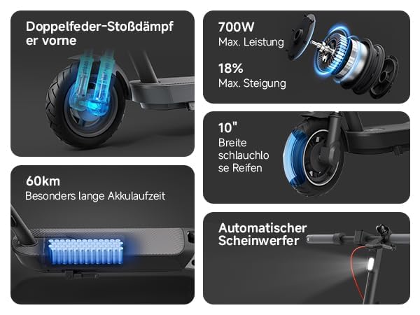 Xiaomi 5 E-Scooter mit Straßenzulassung (max. 20km/h, bis zu 60km Reichweite & 18% Steigung, Federung vorne, 10" Luftreifen, Blinker, Dual-Bremssystem, App) 2