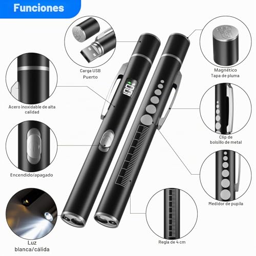 BlueYu USB Rechargeable Medical Flashlight (2 PCS), Medical Light with Pupil Indicator and Digital Display, 2 Modes Warm/White Light, Ideal for Doctors, Nurses and Nursing Students