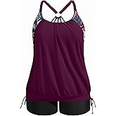 Holipick Plus Size Tankini Swimsuits for Women Two Piece Tummy Control Bathing Suit Blouson Tankini Top with Shorts