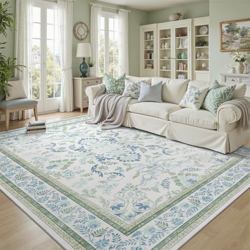 DCX Green 8x10 Rug, Kid & Pet Friendly with Rubber Back Non Slip, Machine Washable Stain Resistant Botanical Floral Rug for Living Room, Bedroom, Soft Low Pile Large Nursery Carpet