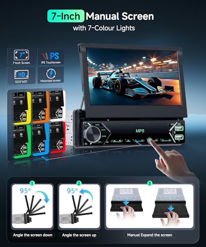 VECHTEL Carplay Android Auto Wireless Car Radio with 7 Inch Electrically Retractable Display, 1 DIN FM Radio with Bluetooth, Mirror Link,2 USB/Type-C/SD with Rear View Camera/Steering Wheel Control