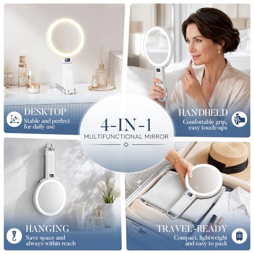MIYADIVA Illuminated Magnifying Mirror, 1X/30X, Double-Sided Makeup Mirror with Adjustable Stand, Digital Power Display and 3 Dimmable Light Shades, White