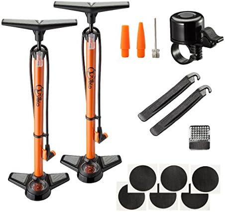 Bike Pump 2pcs=1set -Via Velo Floor Pump W Solid Big Steel Base,High Performance 160 PSI Bicycle Pump with Gauge and Schrader &amp; Presta Valve &amp; 2 sets Glue-less Puncture Repair Kits and 2 Bells Free