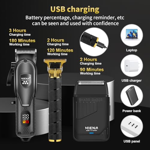 HIENA PRO Professional Hair Clipper Set for Men, Electric Foil Shavers and Beard Trimmers, Cordless Barber Clippers with LED Display, R-Type Adjustable Blade, Hair Cutting Kit, Gifts for Men