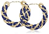 Goldtone Metal with Navy Blue Plastic 3.5 Inches Chain Link Hoop Earrings