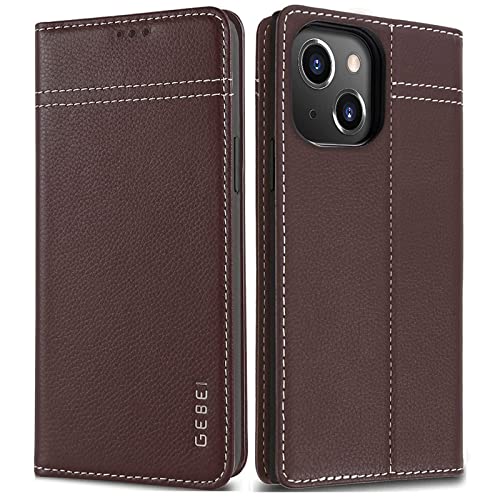 Gebei Hülle Echt Leder für iPhone 13 (6,1") - Premium Echte Lederhülle mit Standfunktion Kartenfach Magnetverschluss Flip Case Ledertasche Handyhülle