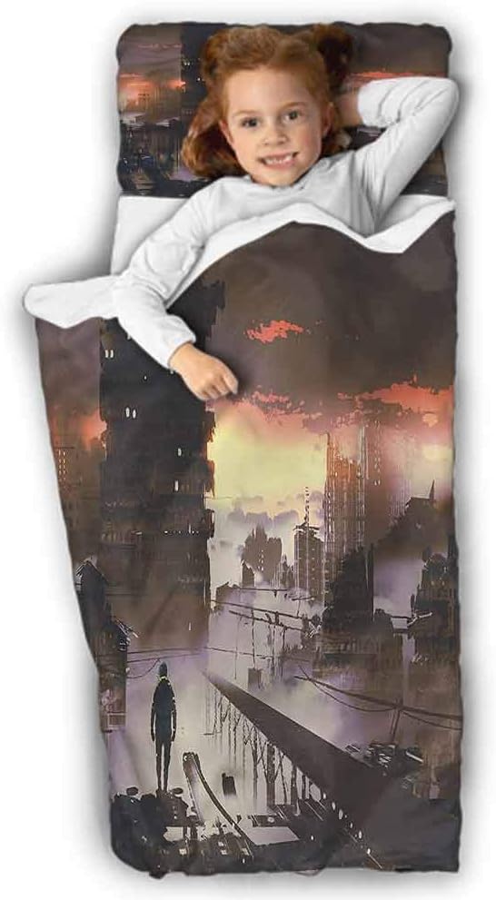 Fantasy Children’s Sleeping Bag Sci Fi Empty City Robot for Preschool, Daycare, Kindergarten 50X20 INCH