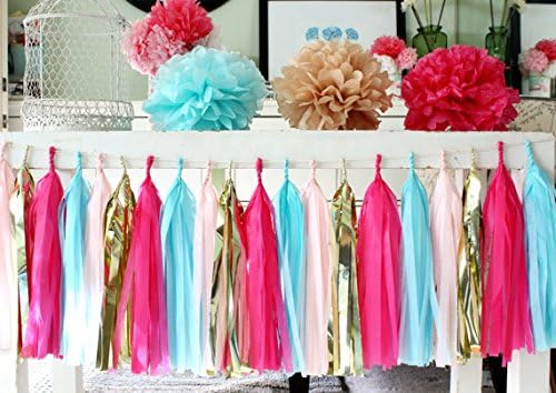 DIY Paper Tissue Tassel Garland Pink Gold Light Gold and Blue Birthday Wedding Bridal Baby Shower Graduation Party Tassel Kit