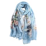 STORY OF SHANGHAI Women's Mulberry Flower Print Large Silk Shawl Scarf Wraps 68x43 Inches Blue