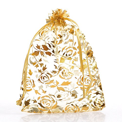 Housweety Organza Wedding Gift Pouches Bags Golden Rose Pattern 12cm x16.5cm(4 5/8