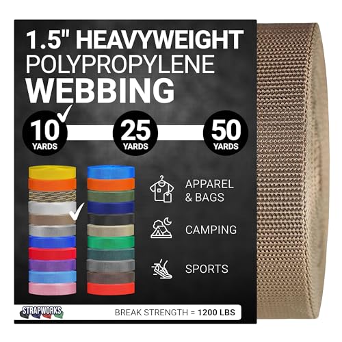 Strapworks Heavyweight Polypropylene Webbing - Heavy Duty Poly Strapping for Outdoor DIY Gear Repair, 1.5 Inch x 10 Yards, Tan