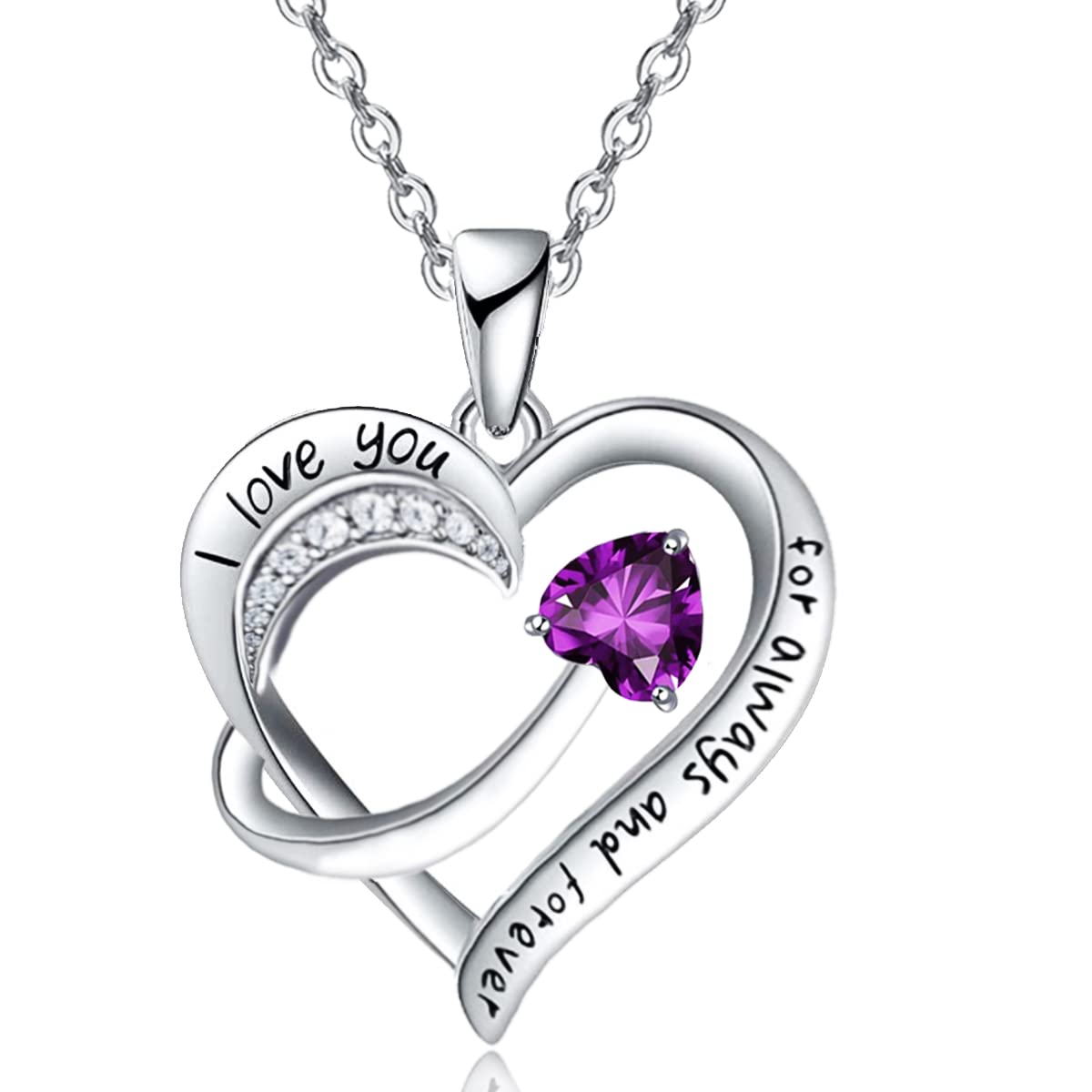 Emma Manor EM Love Heart Pendant Necklace for Women 18k White Gold Plated 5A Cubic Zirconia Engraved I Love You Jewellery Gift for Girls Wife (Purple)