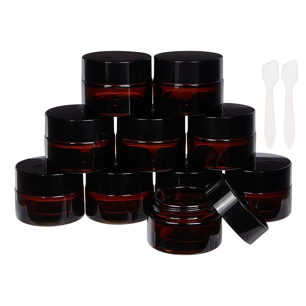 BENECREAT 15 Pack 15ml/15g Dark Amber Cosmetic Glass Jars with White Inner Liners and Black Plastic Lids Amber Round Glass Jars with 2PCS Spoons for Beauty Lotions Creams Makeup