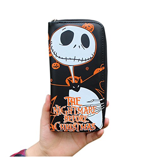 TopSun New Version The Nightmare Before Christmas Jack Skellington PU Leather Wallet for Hallowmas Long Layer Wallet Coins Cards Pouch Bag (Zipper, Black)