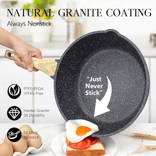 GiPP Nonstick Deep Frying Pan - 24cm Saute Pan with Lid Granite Induction Cookware, Non Stick Woking Pan Skillet, Dishwasher Safe, PFOA PFOS APEO Free (Gray)
