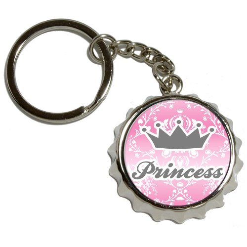 Princess Crown Pink Damask - Spoiled - Nickel Plated Metal Popcap Bottle Opener Keychain Key Ring
