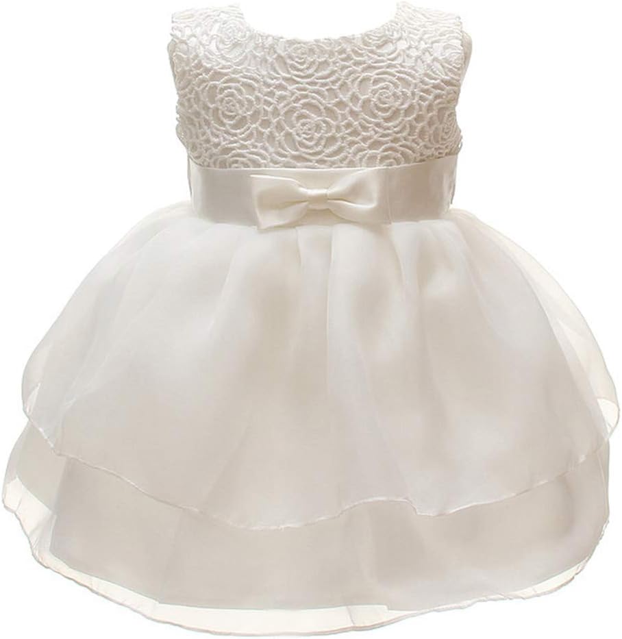 Meiqiduo Baby Girls Dresses Christening Wedding Pageant Bow Formal Dress Ivory White