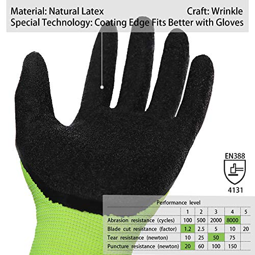FWPP GL008003L6 Latex Coated Work Gloves Construction Gloves Pack of 6Pairs Large Fluorescence Yellow