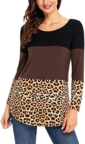 Leindr Women Casual Crewneck Color Block Loose Fit Pullover T Shirt Long Sleeve Back Lace Plaid Print Hemline Tunic Blouse and Tops Leopard L 12 14