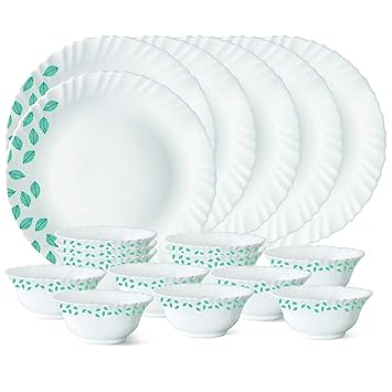 Larah by Borosil Blue Leaves Opalware Dinner Set, 18-Pieces, White