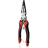 Needle Nose Pliers, HOUSERAN Long Needle Nose Pliers with Wire Stripper and Crimper, 8.3 Inch Long Nose Pliers, Spring Loaded with Safety Lock, 5-in-1 Needle Nose for Bending, Crimping, Stripping