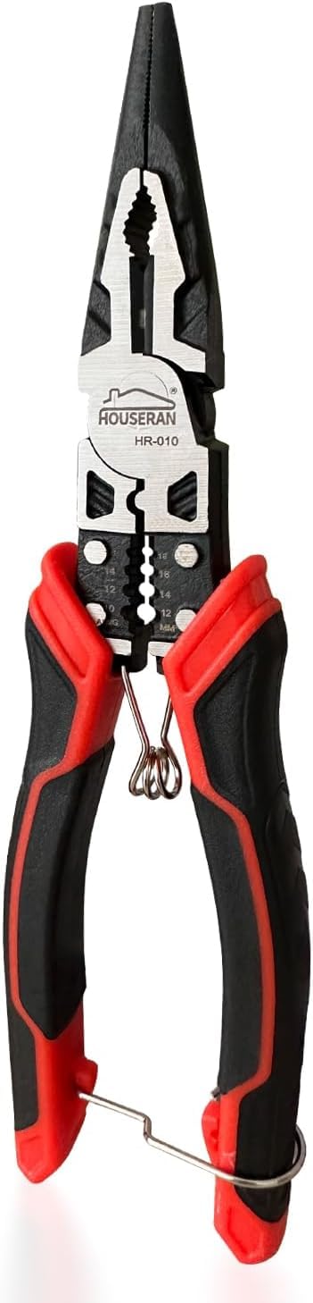 Needle Nose Pliers, HOUSERAN Long Needle Nose Pliers with Wire Stripper and Crimper, 8.3 Inch Long Nose Pliers, Spring Loaded with Safety Lock, 5-in-1 Needle Nose for Bending, Crimping, Stripping