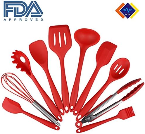 10-Piece-Silicone Cooking Utensils Set ,Premium Cookware set-Nonstick Coating,Easily Clean silicone,Heat Resistant-Multipurpose Use for Home,Restaurant or BBQ-by Xiujanet (Red)