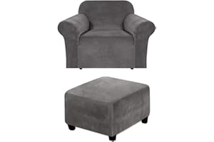 Andreannie Velvet Light Grey Chair Slipcovers Armchair Sofa Covers Chair Couch Covers for Armchair Bundle Ottoman Slipcover (Light Grey)