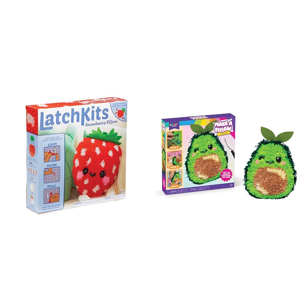 Bundle of Latchkits Strawberry Pillow + Avocado Pillow - Latch Hook Kits for Kids, Arts and Crafts, Easy to Follow Pattern, Hook Included, Craft Kits, Ages 6+ Image