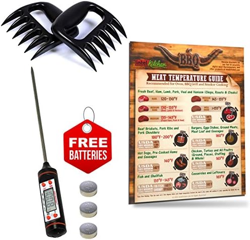 BBQ Accessories Tool Gift Set: Best Design Meat Temperature Guide Magnet 8.5"x11" + Highly Accurate Digital Meat Thermometer + 2 Bear Claws Meat Shredders for Pulled Pork Holiday Gift Set