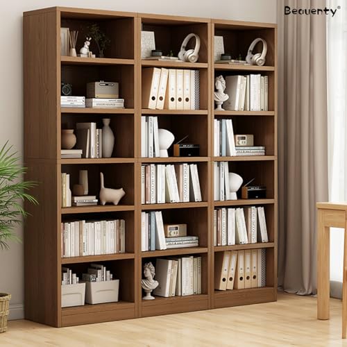 Beauenty Simple Bookshelf, 6-Tier Display Bookcase with Back Panel, Open Book Storage Shelf for Living Room, Bedroom, Home Office, Wooden Storage Shelf Unit (Walnut-40 * 24 * 180cm)