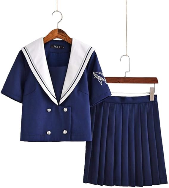 Amazon Co Jp Geschesk セーラー服 本格制服 半袖 ネイビー スカート 2点セット ベレー帽 3点セット 白い襟 刺繍 可愛い 黒二本 紺碧 Jk制服 女子制服 コスプレ コスチューム 学園風 制服 コスプレ 日常服 学生服 学園祭 文化祭 服 ファッション小物