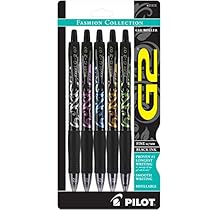 Pilot G2 Fashion Collection Gel Roller Pens, Fine Point, Black Ink, Silver, Pink, Blue, Orange, Green Design Barrels, 5-Pack (31373)