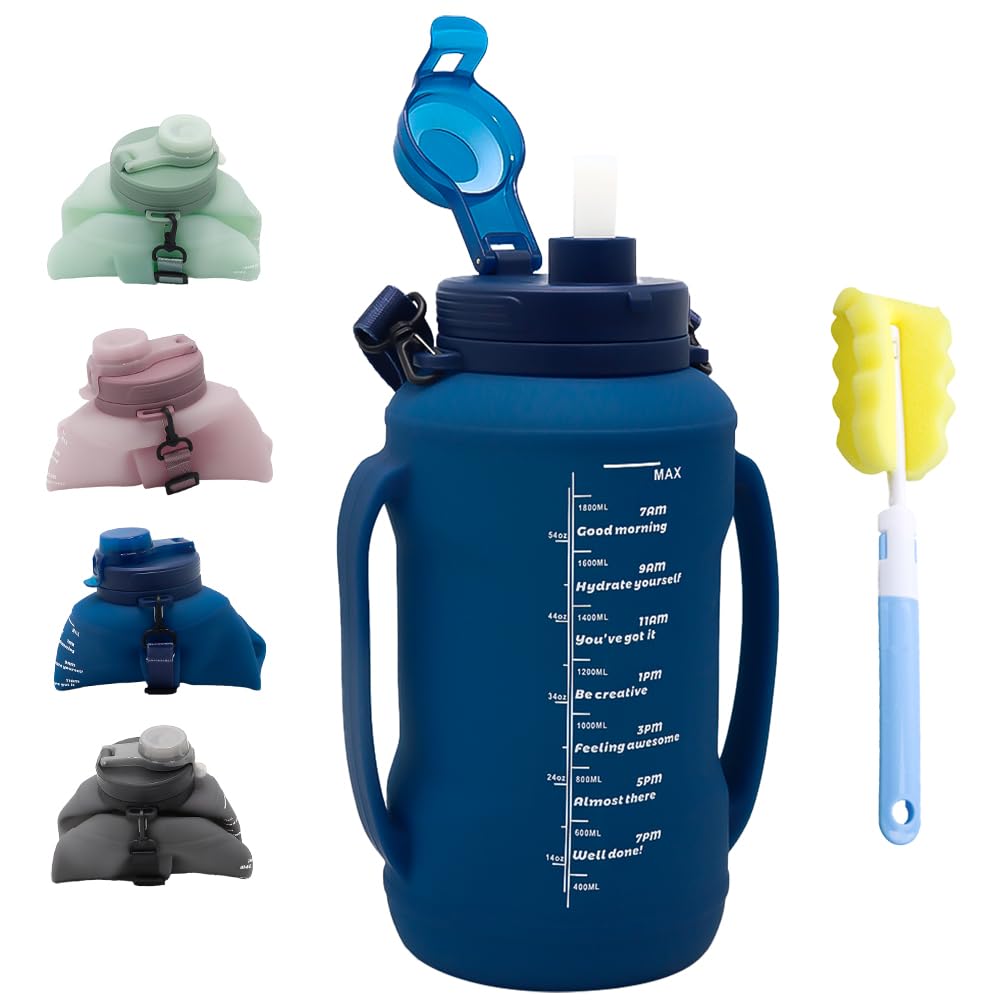 Photo 1 of LELExilan 64oz Foldable Water Kettle - Straw & Motivational Time Marker, Half Gallon Silicone Reusable Bottle for Airport Travel, Outdoor Adventures & Home/Office (Blue)