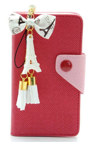 ZZYBIA® S4 LMZT Shocking Pink Leatherette Case Card Holder Wallet with a Eiffel Tower Fringed Dust Plug Charm for Samsung Galaxy S4 IV I9500 I9505