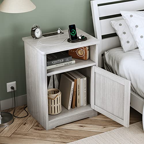 ADORNEVE Nightstand Set of 2 with Charging Station, Grey Night Stands