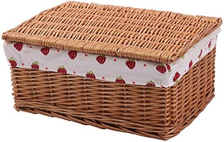 Woven Wicker Basket with Lid Handmade Rectangular Bins,Kingwillow. (Small, Natural)
